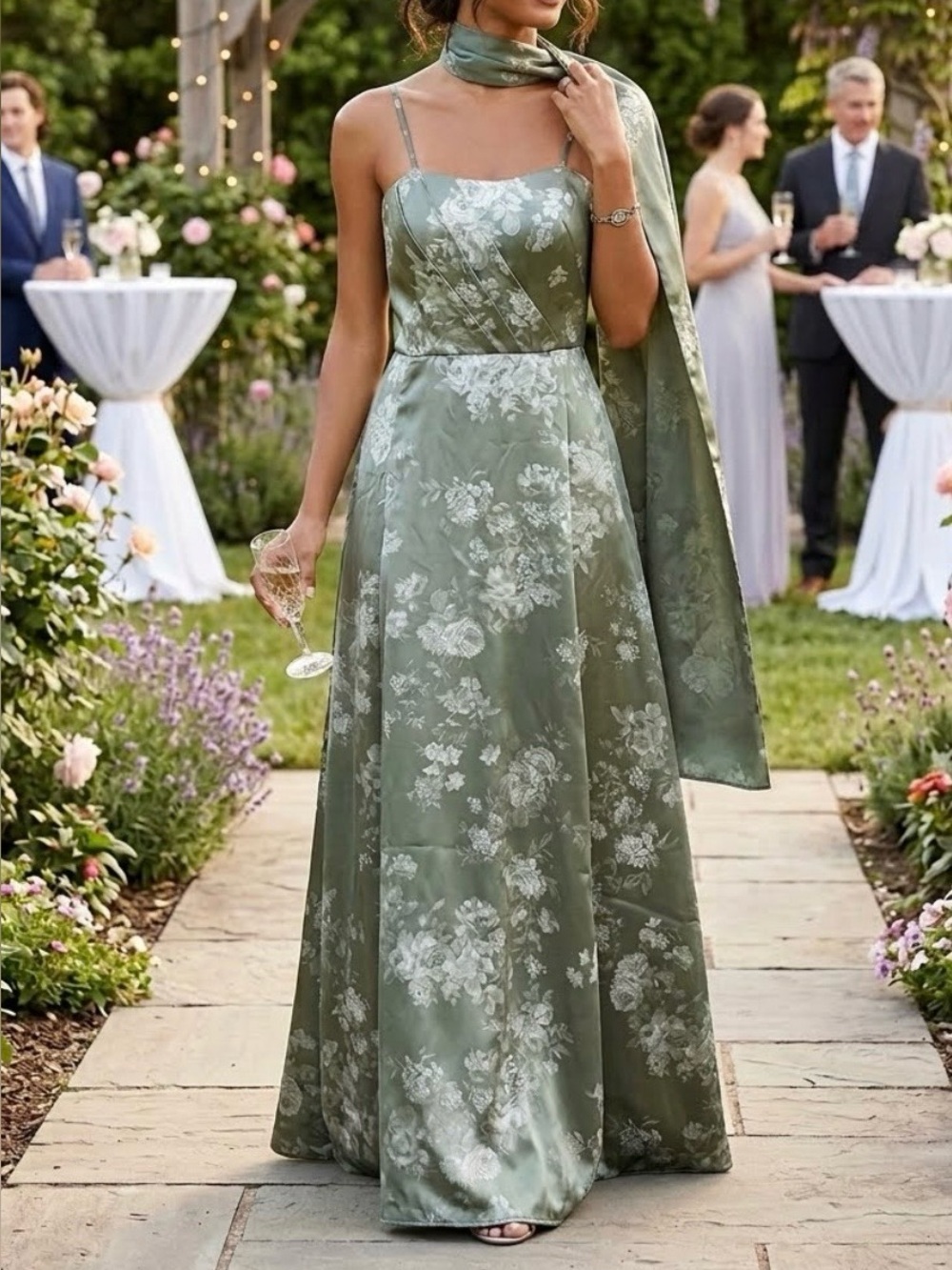 Green Floral Satin Evening Dress w/Neck Scarf